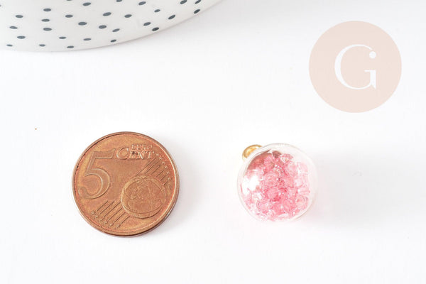 Pendentif Bulle globe verre chips rose et CCB doré 20mm, création bijoux original DIY, x1 (G9129)