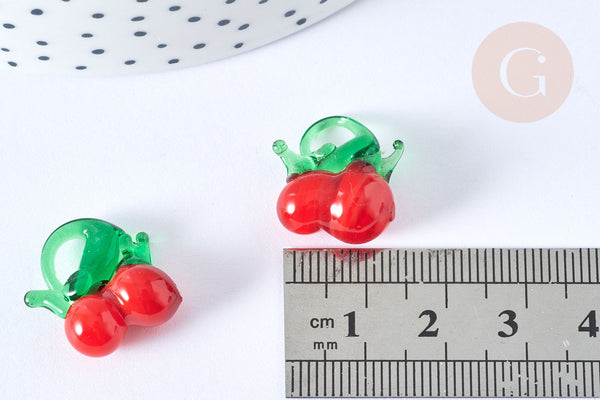 Pendentif Cerise fruit rouge verre 17~19mm, x5 (G7892)