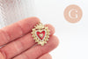 Pendentif Cœur ex-voto zircon émail rouge laiton doré 18K 32mm, x1 (G9548)