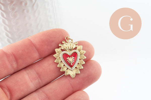 Pendentif Cœur ex-voto zircon émail rouge laiton doré 18K 32mm, x1 (G9548)