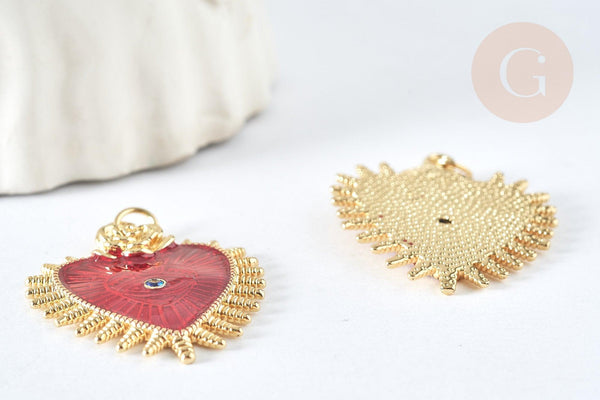Pendentif Cœur mauvais œil émail rouge foncé laiton doré 30mm, Pendentif chance, x1 G8407