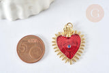 Pendentif Cœur mauvais œil émail rouge foncé laiton doré 30mm, x1 (G8407)