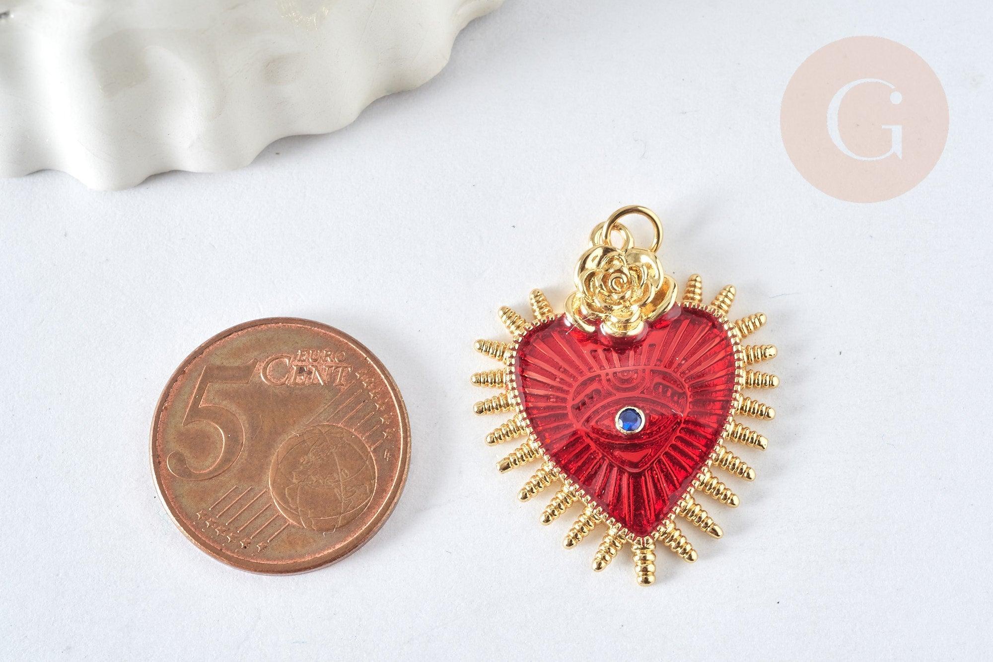 Pendentif Cœur mauvais œil émail rouge foncé laiton doré 30mm, x1 (G8407)