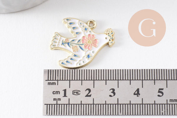 Pendentif Colombe blanc à fleurs zamac doré 26mm, x2 (G10041)