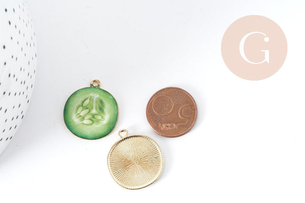 Pendentif Concombre zamac doré émail vert 26mm, création bijoux fruits, x1 G9004