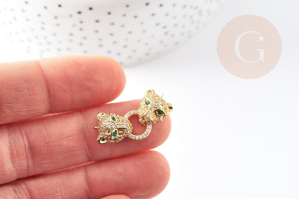 Pendentif Connecteur léopard laiton doré 18K et zircons 27mm, x1 (G5719)
