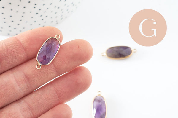 Pendentif Connecteur ovale améthyste naturelle laiton doré 27mm, x1 (G9929)