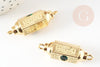 Pendentif Connecteur tube talisman zircon vert doré 18K 34mm BONHEUR, connecteur laiton pour créations bijoux bonheur, x1 G9237
