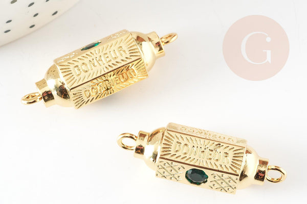 Pendentif Connecteur tube talisman zircon vert doré 18K 34mm BONHEUR, connecteur laiton pour créations bijoux bonheur, x1 G9237
