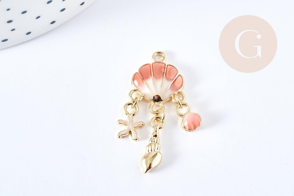 Pendentif Coquillage émail coloré zamac doré 35.5mm, Pendentif doré estival, x1 G8859