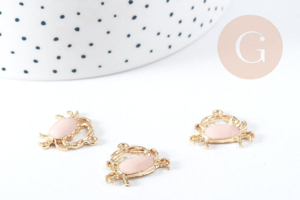 Pendentif Crabe zamac doré émail rose 15mm, x1 (G8991)