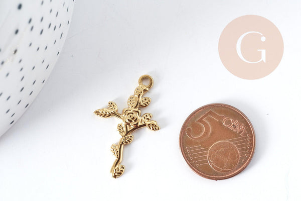 Pendentif Croix Fleur de rose acier 304 inoxydable IP doré, x1 (G9014)