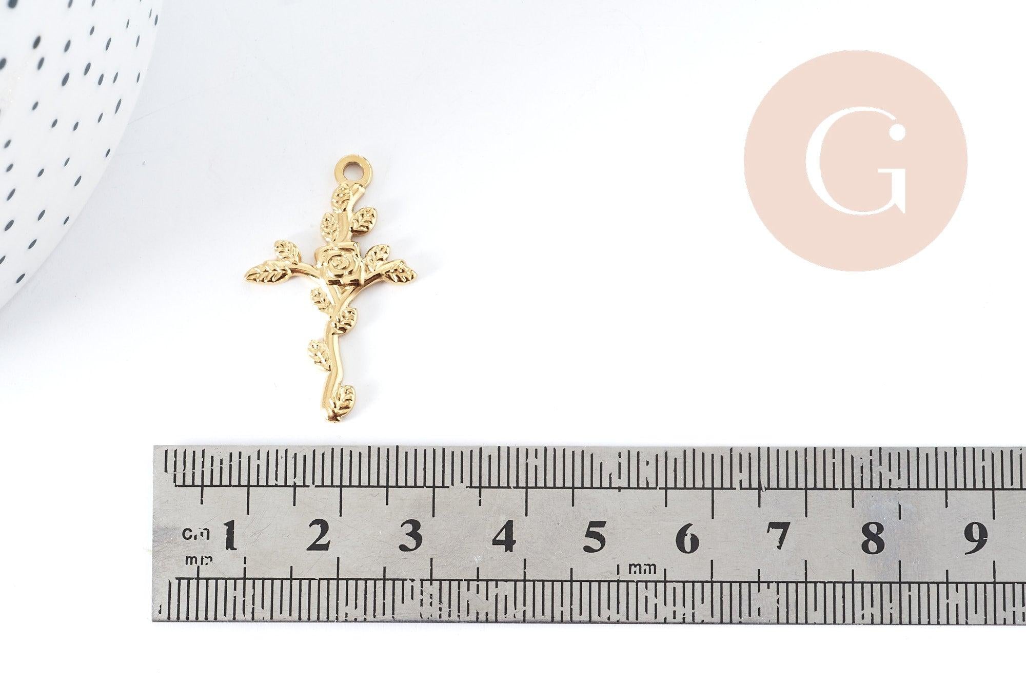 Pendentif Croix Fleur de rose acier 304 inoxydable IP doré, x1 (G9014)