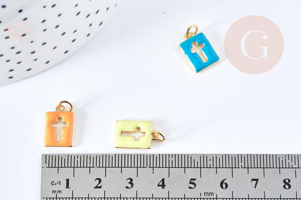 Pendentif Croix rectangulaire laiton doré émail coloré 14.5mm, pendentif fantaisie pour création de bijoux religieux , x1 G8869