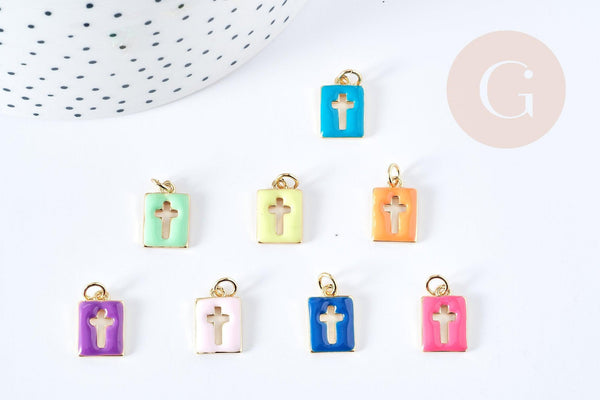 Pendentif Croix rectangulaire laiton doré émail coloré 14.5mm, pendentif fantaisie pour création de bijoux religieux , x1 G8869