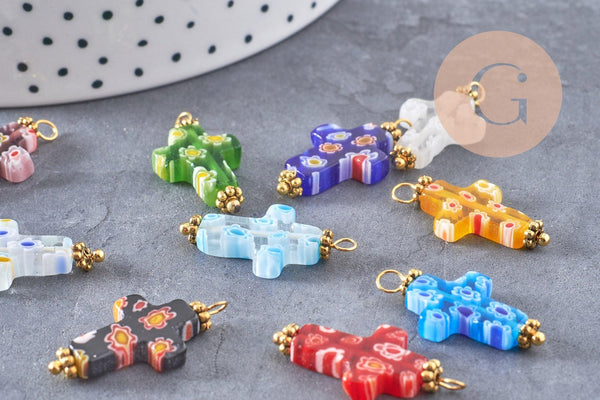 Pendentif Croix verre millefiori laiton et zamac doré 24.5mm, x1 (G9019)