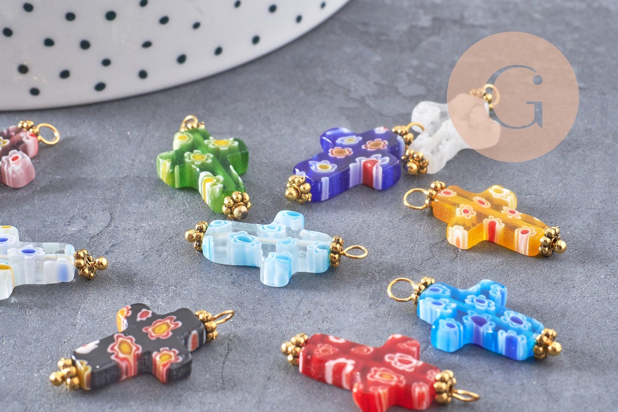 Pendentif Croix verre millefiori laiton et zamac doré 24.5mm, x1 (G9019)