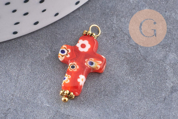 Pendentif Croix verre millefiori laiton et zamac doré 24.5mm, x1 (G9019)