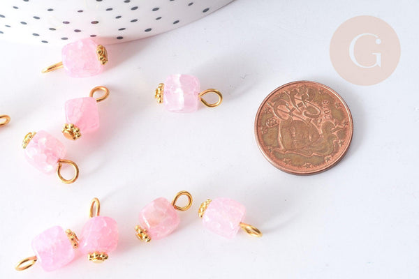 Pendentif Cube Agate naturelle rose pâle fer doré 14~16mm, pierre naturelle, x1 (G7971)