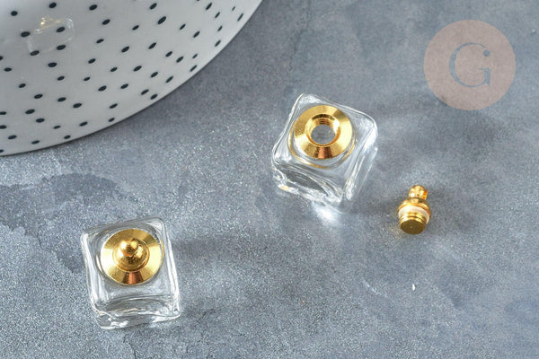 Pendentif Cube bouteille parfum verre transparent laiton doré 23mm, x1 (G7936)
