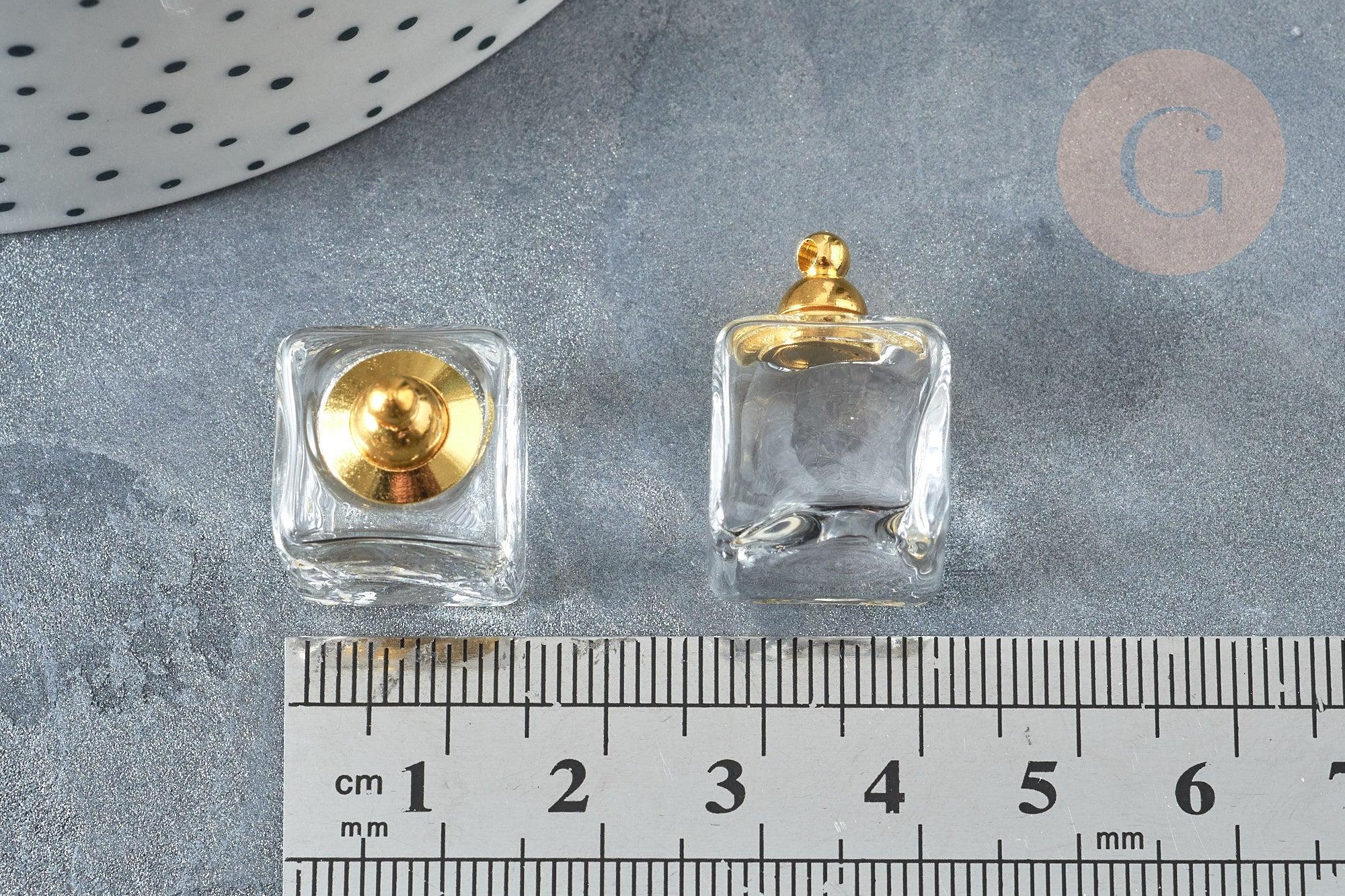 Pendentif Cube bouteille parfum verre transparent laiton doré 23mm, x1 (G7936)