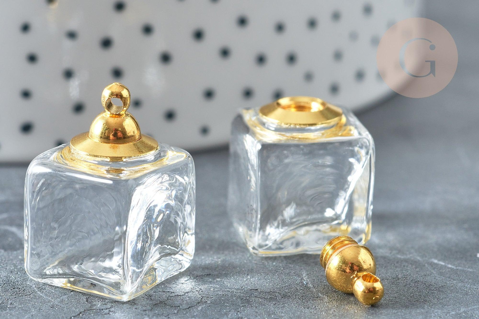 Pendentif Cube bouteille parfum verre transparent laiton doré 23mm, x1 (G7936)