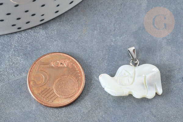 Pendentif Eléphant nacre blanche naturelle laiton platine 15~17mm,pendentif éléphant, création bijoux coquillage blanc, x1 G7857
