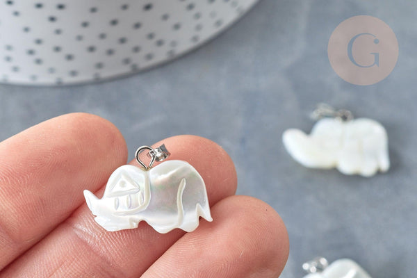 Pendentif Eléphant nacre blanche naturelle laiton platine 15~17mm,pendentif éléphant, création bijoux coquillage blanc, x1 G7857