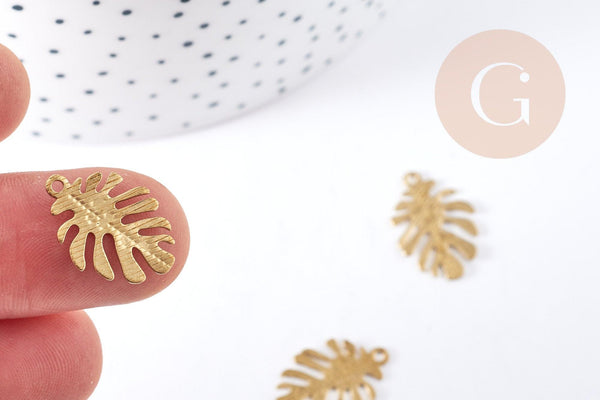 Pendentif Feuille Monstera striée laiton brut 13mm, fabrication bijoux fantaisie thème nature x2 G9252
