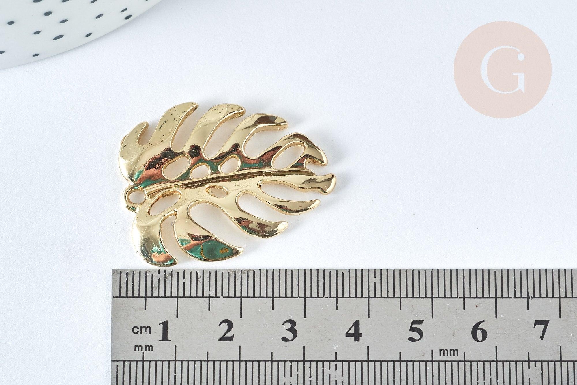 Pendentif Feuille Monstera zamac doré clair 34mm, feuille dorée pour création bijoux, x1 G7413