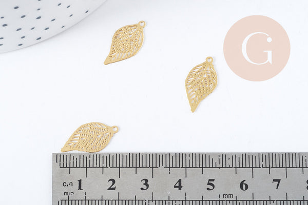 Pendentif Feuille filigrane acier 201 inoxydable doré 19mm, x5 (G9061)