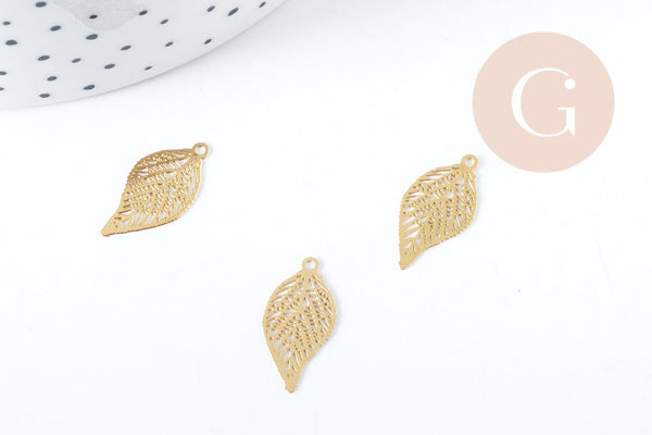Pendentif Feuille filigrane acier 201 inoxydable doré 19mm, x5 (G9061)