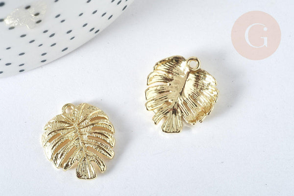 Pendentif Feuille tropicale zamac doré 21,5mm,pendentif création bijoux doré, x1 G7437