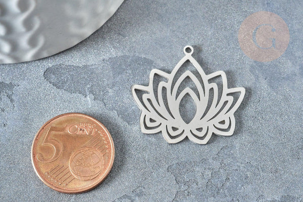Pendentif Fleur de lotus acier 201 inoxydable argenté 27mm, x1 (G7862)