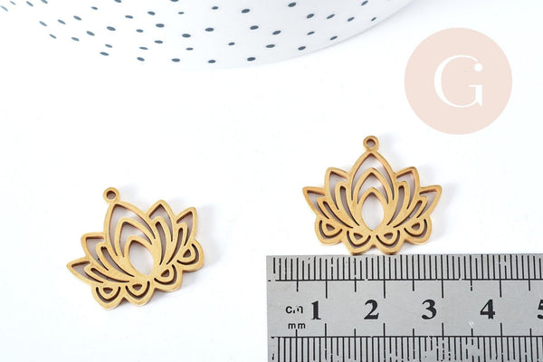 Pendentif Fleur de lotus acier 201 inoxydable doré 27mm, création bijoux acier inoxydable, x1 (G8726)