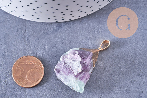 Pendentif Fluorite naturelle brute fer doré 24-25mm, x1 (G2510)