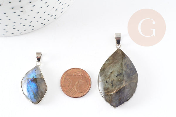 Pendentif Labradorite forme mixte laiton argenté, support argenté,Pendentif pierre,labradorite naturelle,28-55mm, x1 G2013