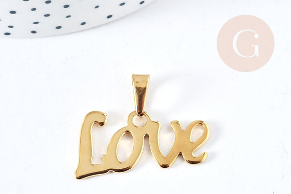 Pendentif Lettre Love acier inoxydable 304 doré 34.5mm, x1 (G8857)