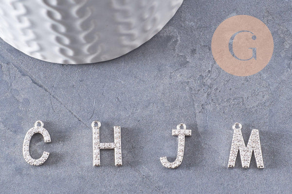 Pendentif Lettre acier 304 inoxydable argenté lettre cristal blanc, sans nickel,lettre initiale prenom,15.5mm, x1 (G4618)