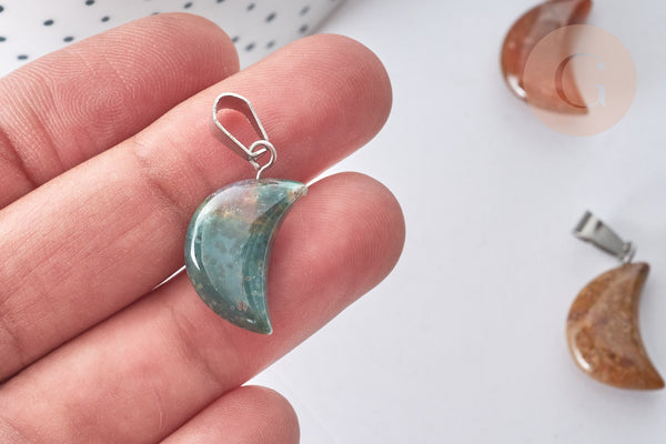 Pendentif Lune agate indienne naturelle laiton platine 21~24mm, création bijou lune agate naturelle, x1 (G7967)