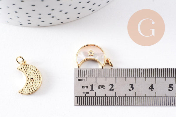 Pendentif Lune nacre blanche naturelle laiton doré 18mm, x1 (G10256)