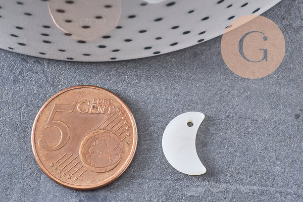 Pendentif Lune nacre blanche naturelle, pendentif lune,bijou nacre,coquillage blanc, création bijoux, 13mm, X10 (G0905)