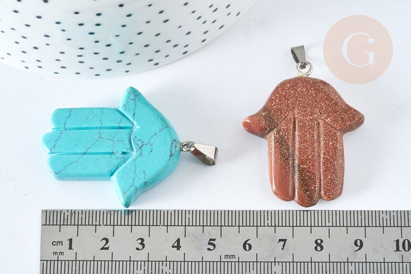 Pendentif Main de Fatma pierre mixte naturelle support laiton platine 41~45mm, pendentif main bijou pierre naturelle, x1 G7959