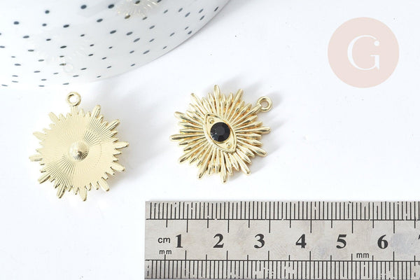 Pendentif Mauvais Oeil résine noire zamac doré 27,5mm, Pendentif zamac doré pour création bijou chance, x1 G8087