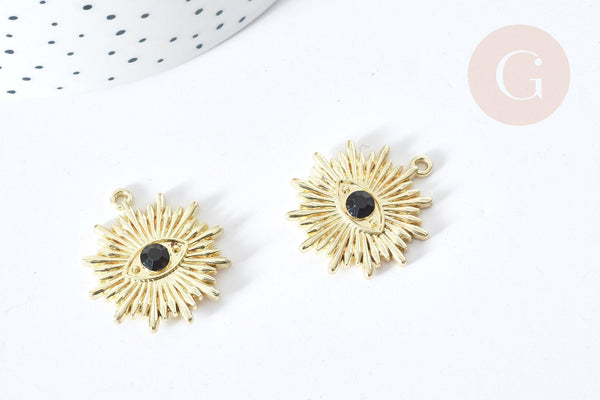 Pendentif Mauvais Oeil résine noire zamac doré 27,5mm, Pendentif zamac doré pour création bijou chance, x1 G8087