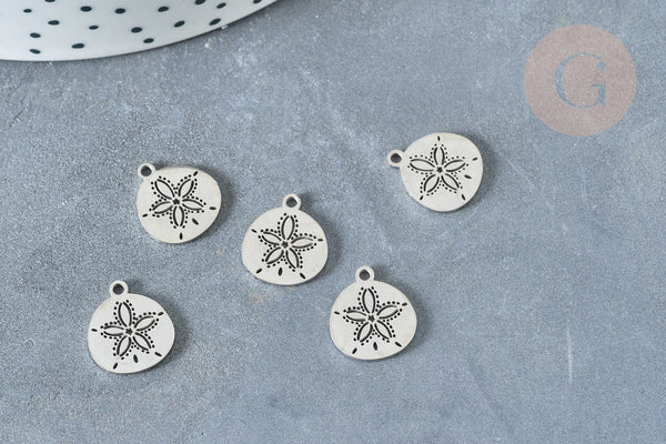 Pendentif Médaille fleur acier 304 inoxydable platine 13,5mm, x1 (G8012)