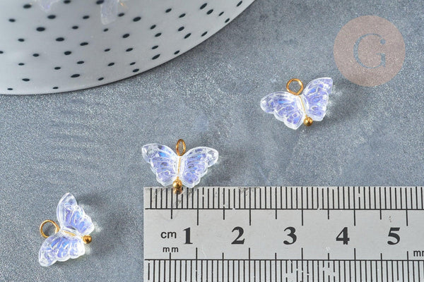 Pendentif Papillon verre transparent AB laiton doré 10mm, pendentif cristal, x5 ou x10 (G7843)