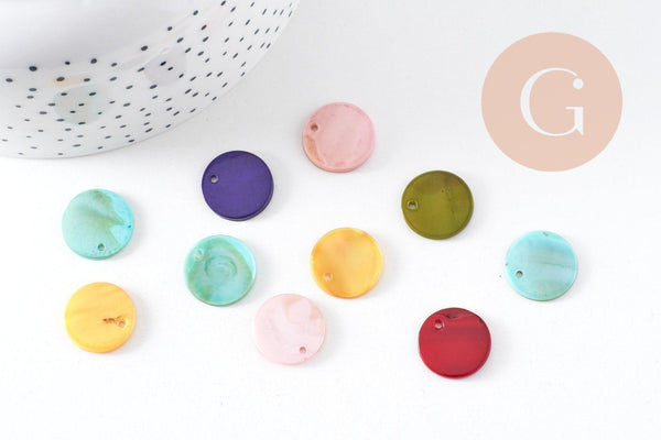 Pendentif Pastille ronde nacre multicolore opaque,pendentif nacre, coquillage naturel, nacre naturelle,16mm, x 10 (G2379)