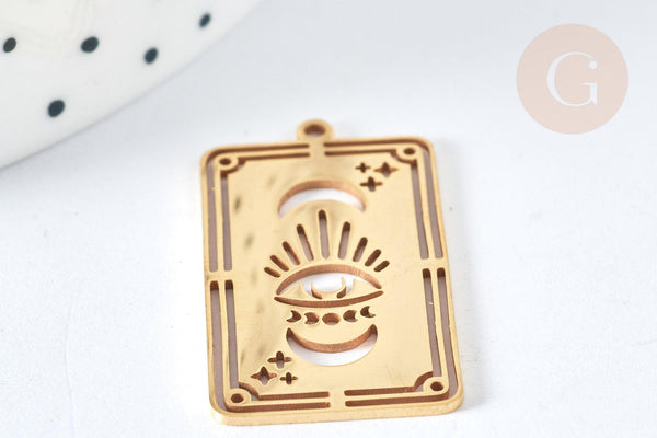 Pendentif Rectangle Oracle Lune et œil acier inoxydable 201 doré 32mm, bijoux mystique, x1 G7498
