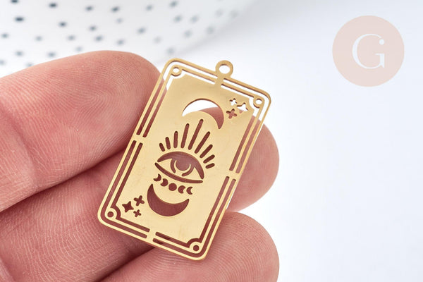 Pendentif Rectangle Oracle Lune et œil acier inoxydable 201 doré 32mm, bijoux mystique, x1 G7498